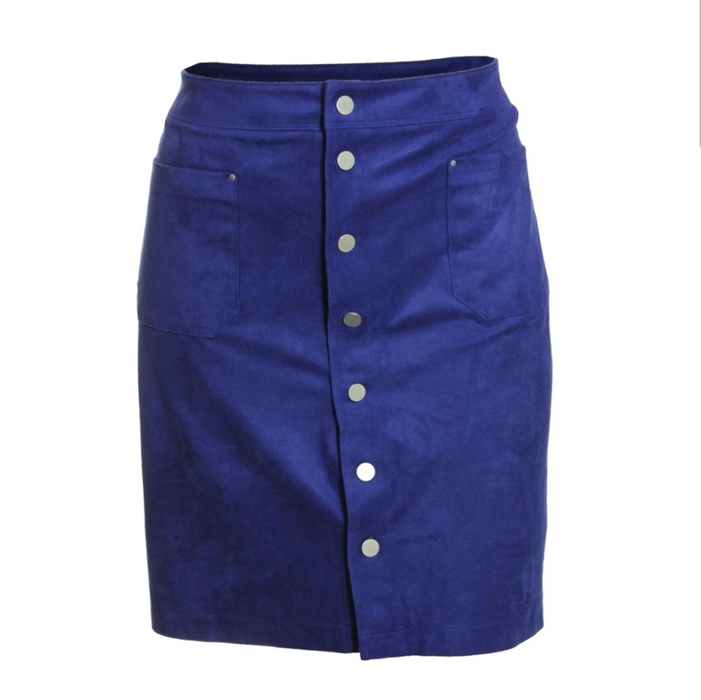 Knee length faux suede snap button skirt